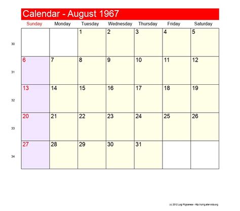 Calendar For August 1967