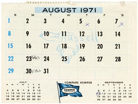 Calendar For August 1971