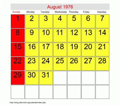 Calendar For August 1976