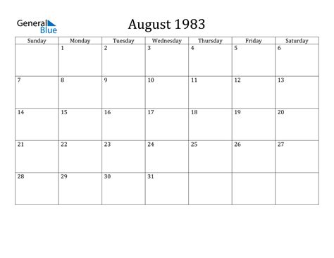 Calendar For August 1983