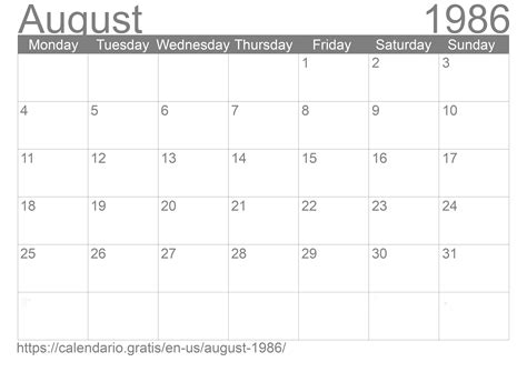 Calendar For August 1986