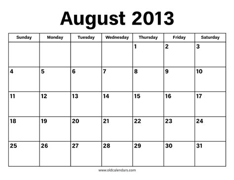 Calendar For August 2013