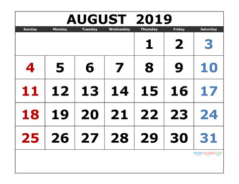 Calendar For August 2019