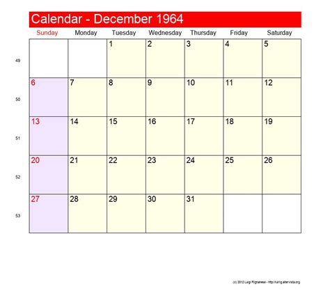 Calendar For December 1964