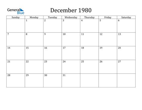 Calendar For December 1980