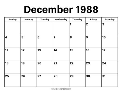 Calendar For December 1988
