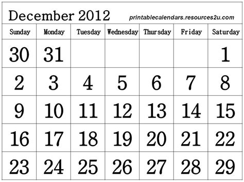Calendar For December 2012