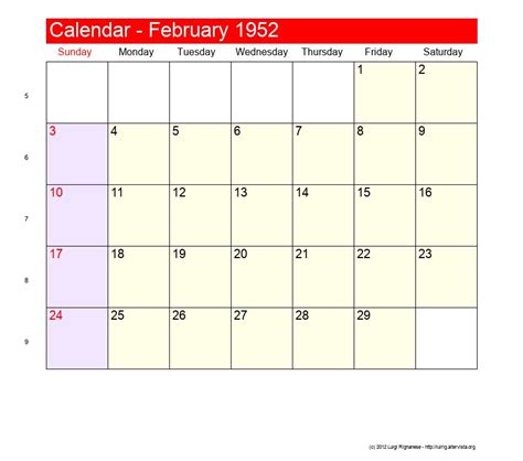 Calendar For February 1952
