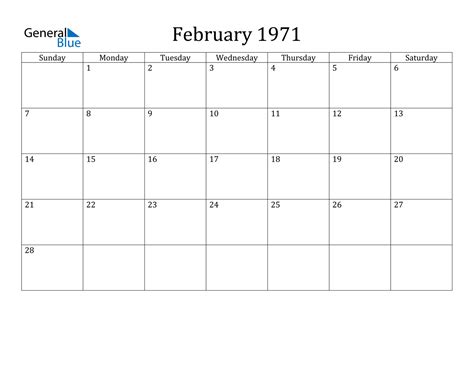 Calendar For February 1971