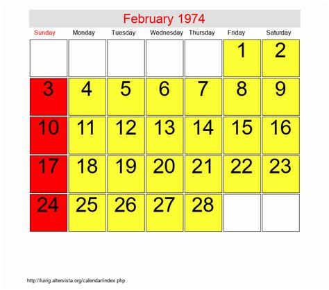 Calendar For February 1974