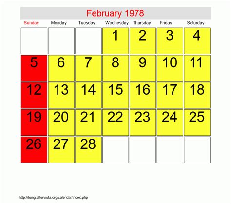 Calendar For February 1978
