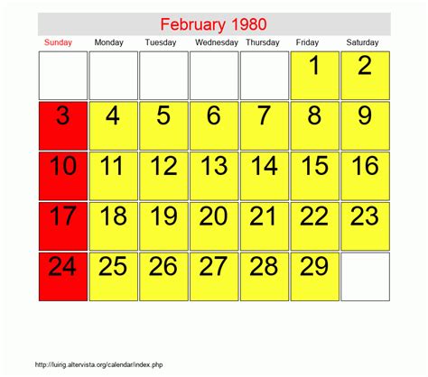 Calendar For February 1980