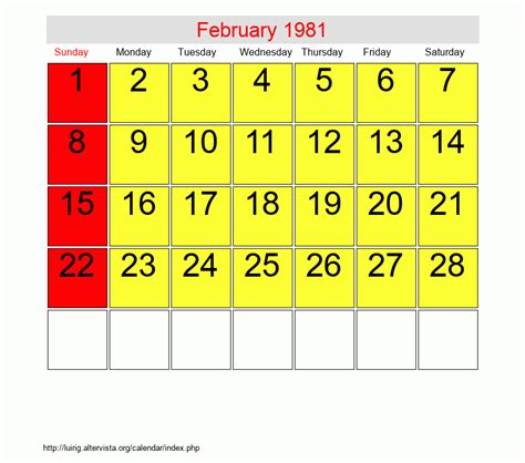 Calendar For February 1981