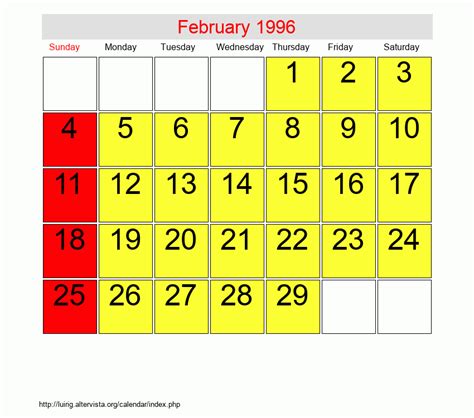 Calendar For February 1996