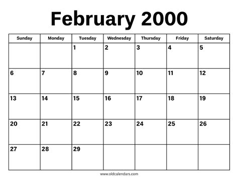 Calendar For February 2000