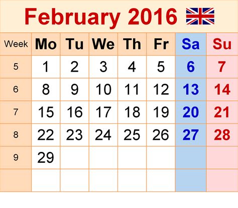 Calendar For February 2016