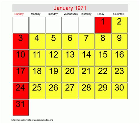 Calendar For January 1971