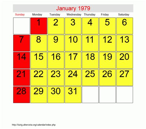 Calendar For January 1979