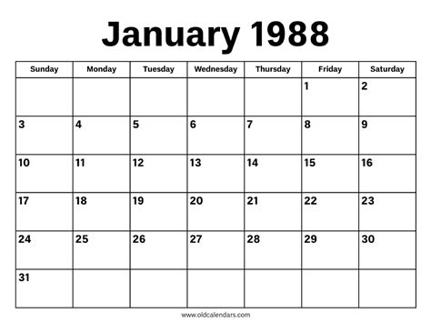 Calendar For January 1988