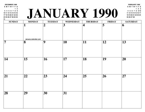 Calendar For January 1990