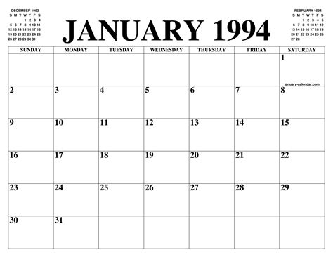 Calendar For January 1994