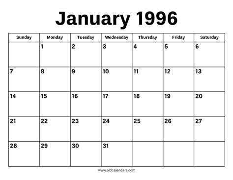 Calendar For January 1996