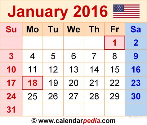 Calendar For January 2016