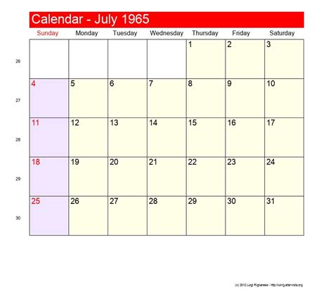 Calendar For July 1965