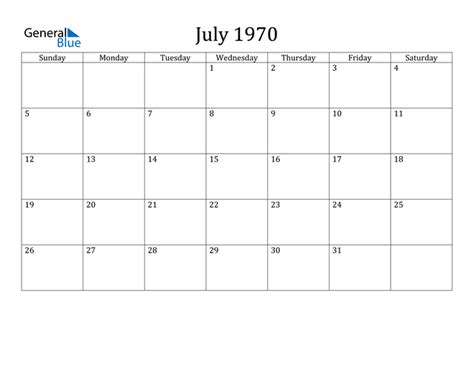 Calendar For July 1970