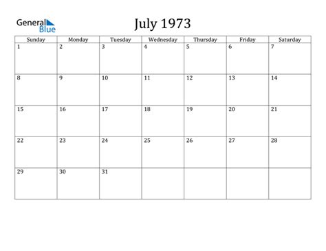 Calendar For July 1973