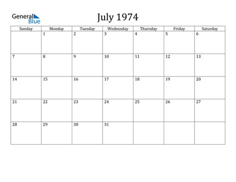 Calendar For July 1974