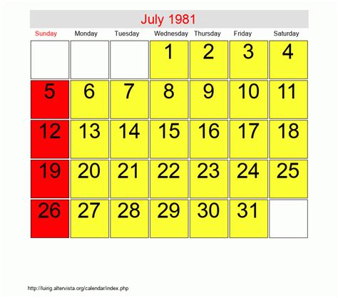 Calendar For July 1981