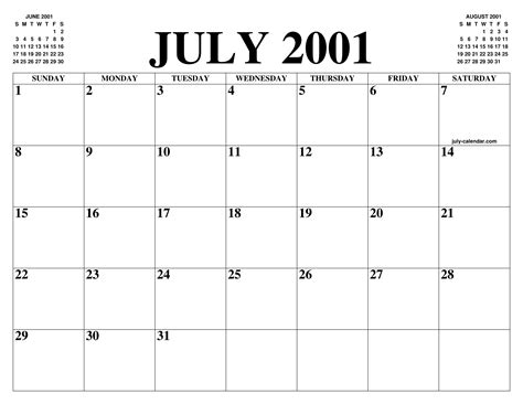 Calendar For July 2001