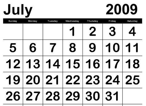 Calendar For July 2009