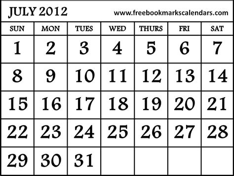 Calendar For July Of 2012