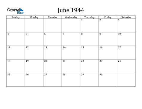 Calendar For June 1944