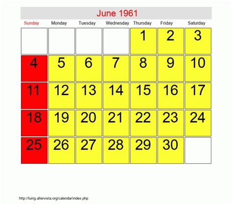 Calendar For June 1961