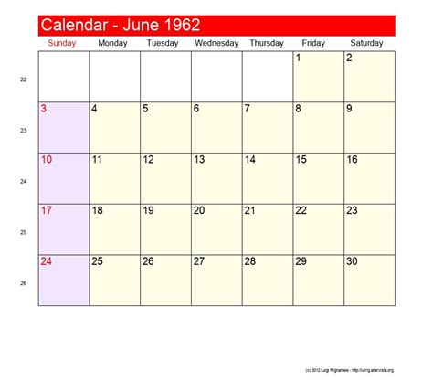 Calendar For June 1962