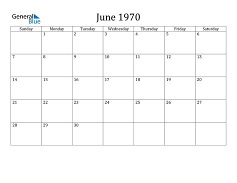 Calendar For June 1970