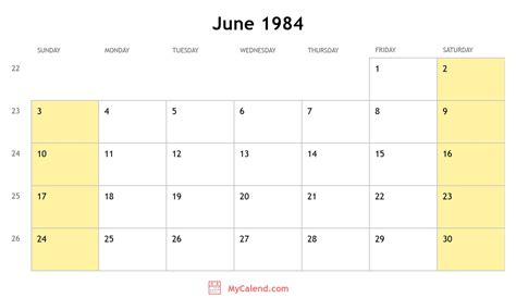 Calendar For June 1984