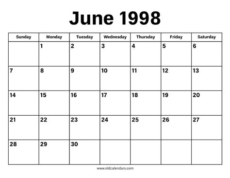 Calendar For June 1998