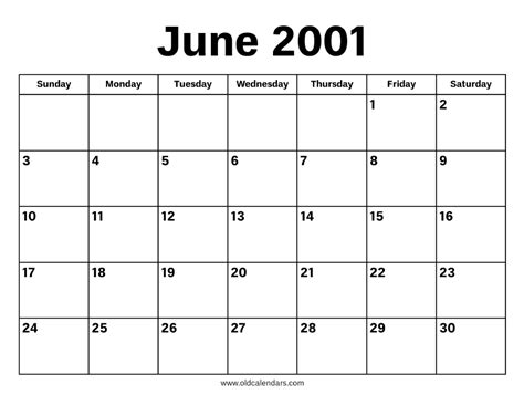 Calendar For June 2001