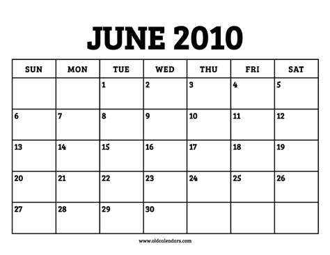 Calendar For June 2010