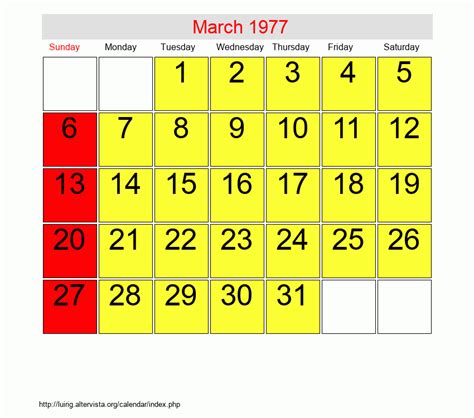 Calendar For March 1977