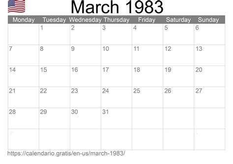 Calendar For March 1983