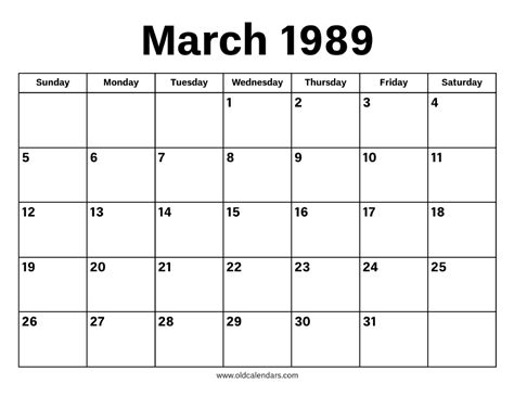 Calendar For March 1989
