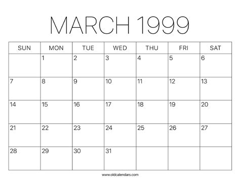 Calendar For March 1999