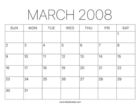 Calendar For March 2008