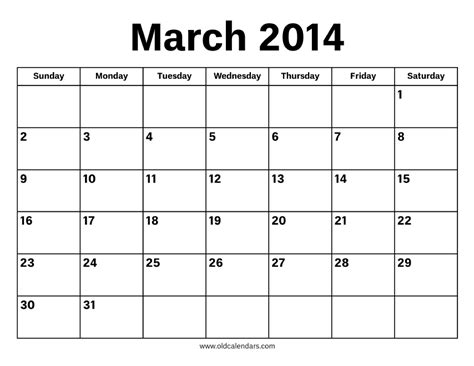 Calendar For March 2014