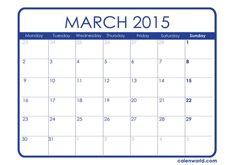 Calendar For March 2015